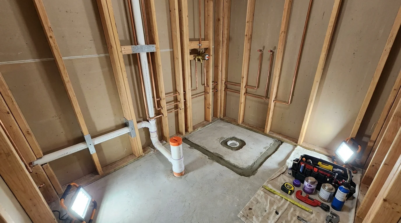 Bathroom rough-in plumbing during remodel by Johns Plumbing LLC in Somonauk
