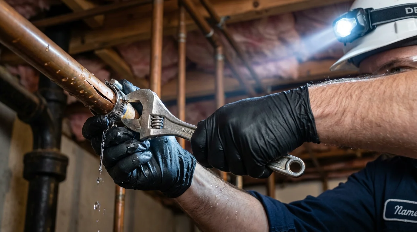 Emergency pipe clamp repair being performed by a Johns Plumbing LLC plumber in Somonauk