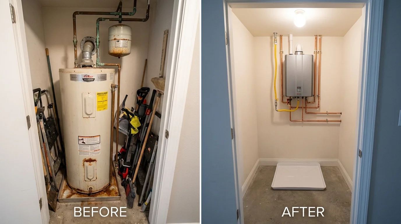 Tank water heater versus wall-mounted tankless unit comparison for Somonauk, IL homeowners