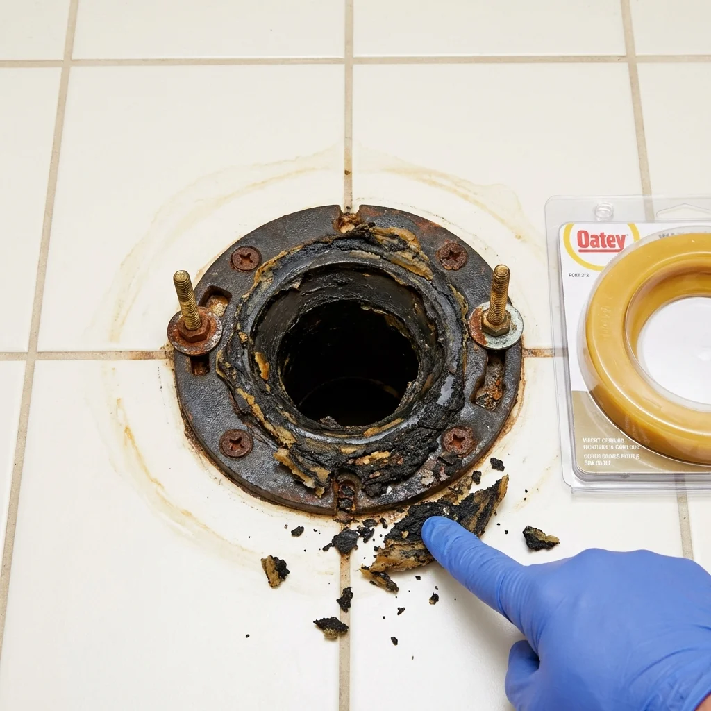 Failed wax ring showing water seepage at the base of a toilet in a Somonauk, IL home
